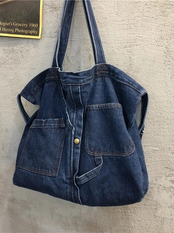 Vintage Denim Tote Bag Große Kapazität Lässige Schulter Umhängetasche Mit Mehreren Taschen Und Reißverschluss Harajuku