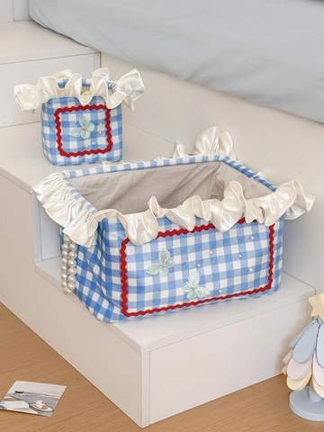 Cesto Portaoggetti In Tessuto Gingham Volant Pizzo Cesto Per Biancheria Farfalla Perla Artificial Arredamento Dolce Organizzatore Di Casa