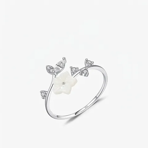Camellia Flower Adjustable Ring 925 Sterling Silver White Shell Zirconia Leaf Branch Design Fresh Jewelry For Women