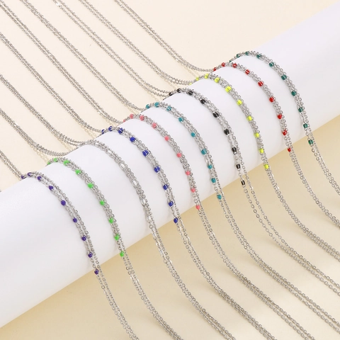 Double Layer Necklace Stainless Steel O-Chain With Colored Enamel Beads Minimalist Clavicle Chain For Women