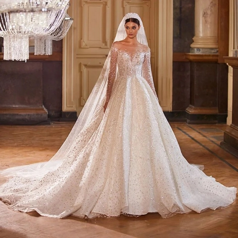 Luxury Wedding Dress Long Sleeve Sequin Beaded Royal Train Deep V Elegant Polyester Bridal Gown White