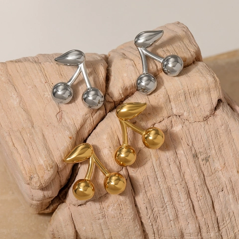 Cherry Stud Earrings And Pendant Necklace Stainless Steel Polished Sweet Cute Fruit Fashion Jewelry For Women Girls