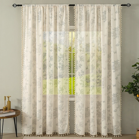 Floral Butterfly Jacquard Sheer Curtains With Tassel Edge Rose Pattern Polyester Voile Window Drapes For Bedroom Home Decor