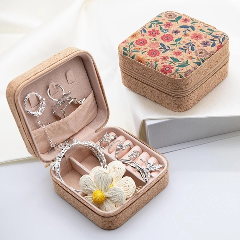 Mini Travel Jewelry Box Natural Cork Portable Jewelry Organizer With Zipper Vintage Floral Print For Rings Earrings