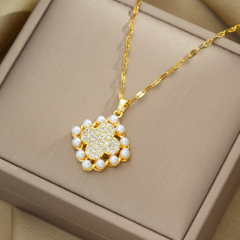 Luxury Four Leaf Clover Jewelry Set Gold Plated Titanium Steel White Pearl Clear Zirconia Pendant Necklace Stud Earrings Elegant Fashion Women Jewelry