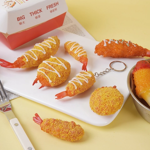 Simulation Tempura Fried Shrimp Crab Claw Model Keychain Japanese Style PVC Realistic Food Bag Pendant Photography Prop