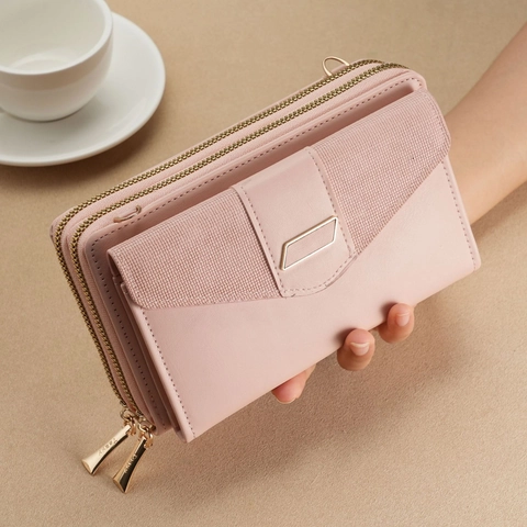 Women Cell Phone Crossbody Bag PU Leather Long Wallet Multi Compartment Zipper Purse With Adjustable Shoulder Strap Woven Pattern