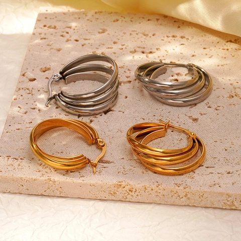 Orecchini a Cerchio Triplo Strato in Acciaio Inossidabile Vintage Francese Per Donna Oro Argento Galvanizzato Geometrico a Forma di U Gioielli Moda