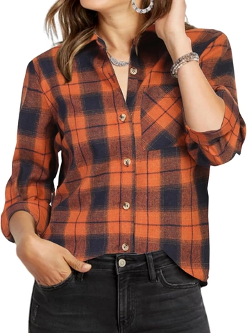 Women Classic Plaid Shirt Cotton Blend Long Sleeve Turndown Collar Single Breasted Casual Checkered Blouse Top Pocket