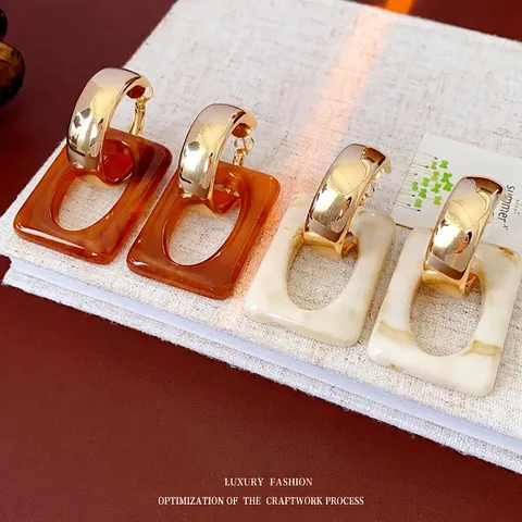 Pendientes Colgantes Geométricos En Forma De C Con Poste De Plata Aleación Resina Mármol Carey Estilo Retro Para Mujeres