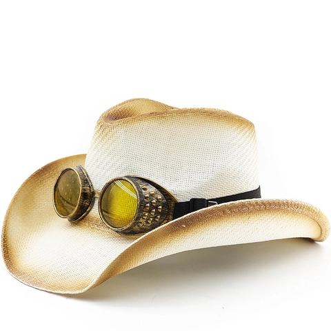 Steampunk Cowboy Hat Straw Woven With Retro Goggles Sun Protection Outdoor Cosplay Party Accessory For Men Women