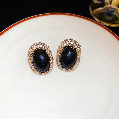 Vintage Oval Stud Earrings Black Stone Alloy Rhinestone Border With Silver Earring Post Retro Palace Jewelry For Women