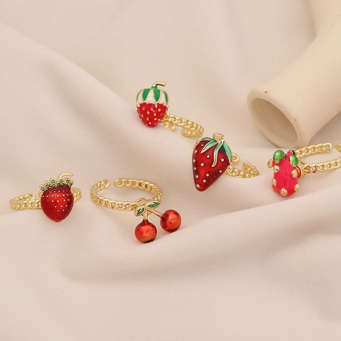 Anelli Aperti Frutta Rame Smalto Fragola Ciliegia Regolabile Moda Gioielli Dolci Per Donne Accessori Per Mani Carini