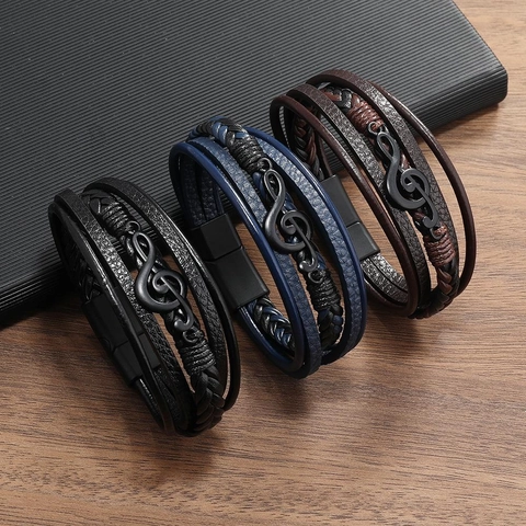 Men Multi-layer Braided PU Leather Bracelet Alloy Music Note Infinity Symbol Wolf Head Magnetic Buckle Vintage Jewelry