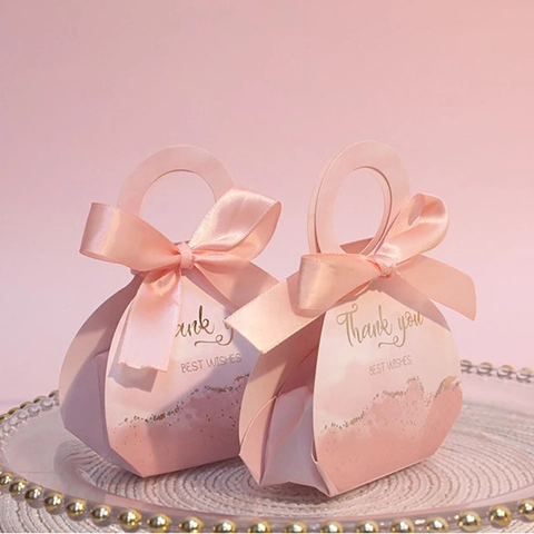 Caja De Regalo Para Dulces De Boda Forma De Bolso Papel Cinta Thank You Estampado Dorado Fiesta