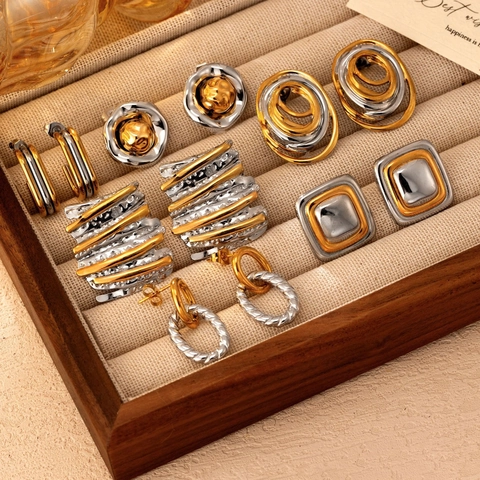 Geometric Two Tone Stainless Steel Earrings Irregular Oval Gold And Silver Fashion Jewelry For Women