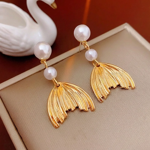 Orecchini Pendenti Coda Di Pesce Con Perla Artificial Sintetica Gioielli In Lega Per Donna Silver Earring Post Elegante Minimalista