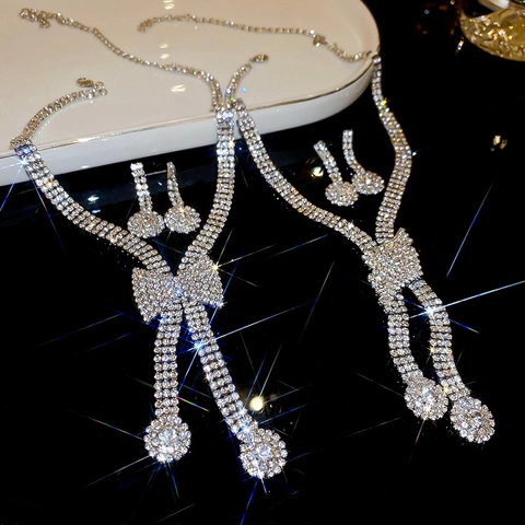 Collana Fiocco E Orecchini Geometrici Rame Strass Elegante Lusso Per Donne