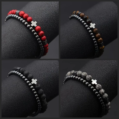 Bracciale Di Perline In Pietra Lavica Naturale Occhio Di Tigre Ematite Croce Gioielli Religiosi Per Uomo Donna