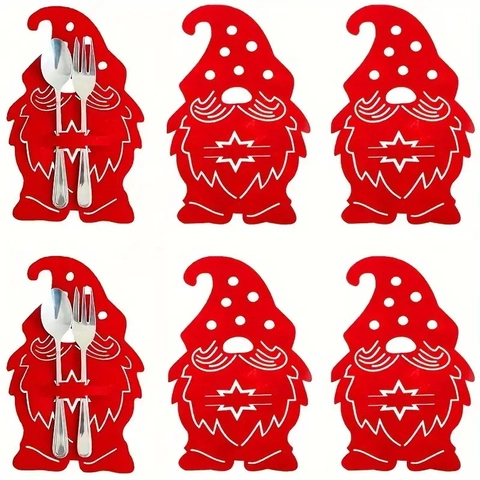Porte-Couverts De Noël Gnomes Sacs À Argenterie En Feutre Décoration De Table Pour Dîner De Fête Rouge Vert
