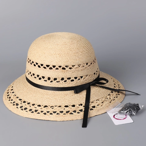 Raffia Straw Sun Hat Hollow Out Wide Brim Black Ribbon Bow Summer Beach Vacation French Style Elegant Dome Top