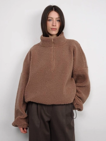Sudadera Oversize De Lana De Cordero Para Mujer Media Cremallera Cuello Alto Cálido Color Sólido Jersey Vintage Top De Forro Polar