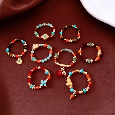 Kralen Ring Vintage Tijgeroog Agaat Verguld Messing Elastische Band Etnische Boho Handgemaakte Vinger Sieraden Voor Dames