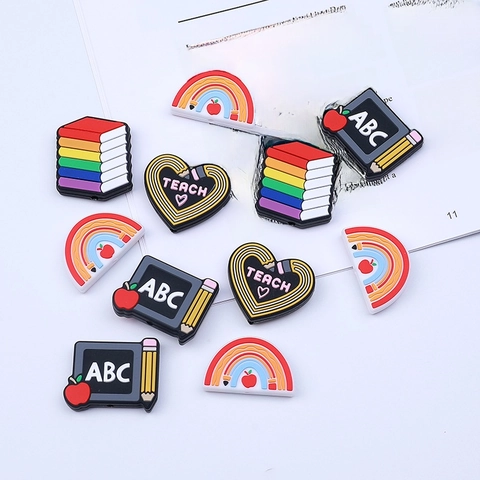 Silicone Beads Shoe Charms School Educational Theme Rainbow Pencil Blackboard Books Teacher Gift DIY Accessories