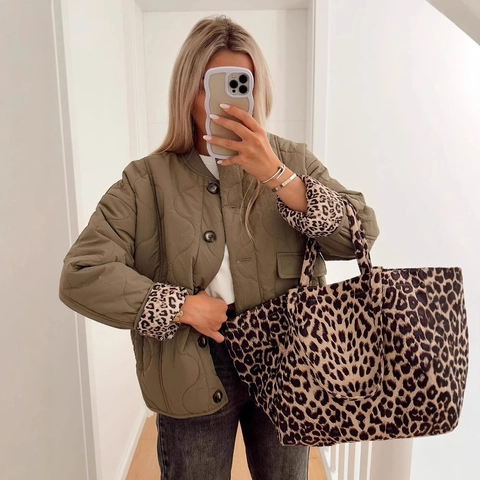 Chaqueta Acolchada De Mujer Forro De Leopardo Abrigo Acolchado Con Botones Ropa De Abrigo Retro Casual Con Bolsillos