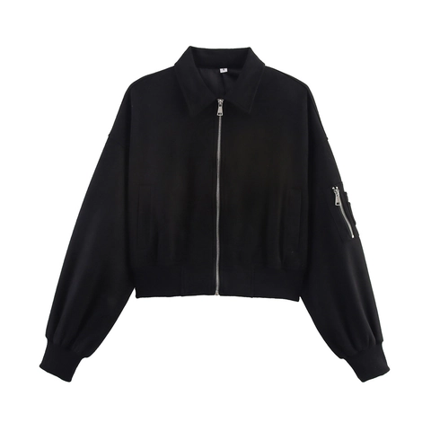 Chaqueta Bomber para Mujer Aspecto Ante Holgada Cremallera Corta Chaqueta Vuelo Color Sólido Abrigo Manga Larga Con Bolsillos