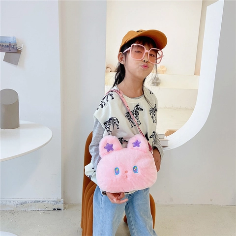 Cute Plush Rabbit Cartoon Crossbody Bag For Kids Girls Soft Faux Fur Animal Shaped Shoulder Handbag Adjustable Strap