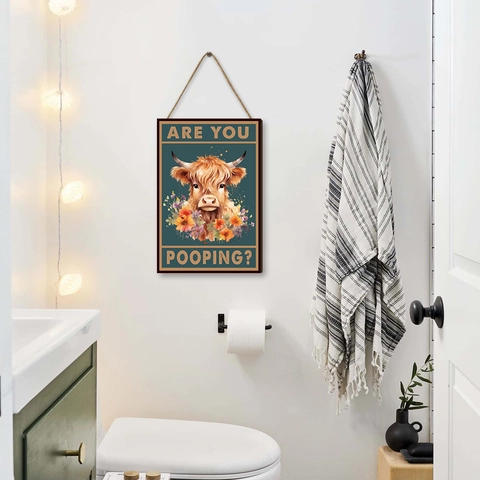 Divertente Cartello Appeso In Legno Mucca Highland Umorismo Decorazione Parete Bagno Stile Rustico Casale Con Corda Canapa