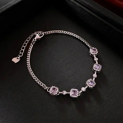 Fashion Purple Square Zircon Bracelet For Women Silver Color Copper Chain Jewelry With Adjustable Heart Tail