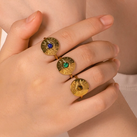 Anillo Aperto Occhio Del Diavolo In Acciaio Inossidabile Placcato Oro 18K Sole Con Pietra Naturale Da Donna
