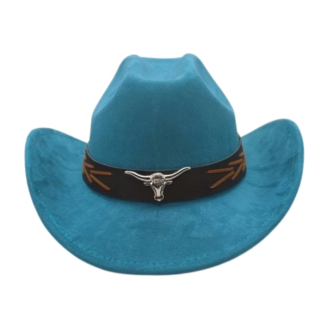 Western Cowboy Hat Suede Wide Brim With Bull Head Metal Decor Vintage Jazz Fedora For Outdoor Travel