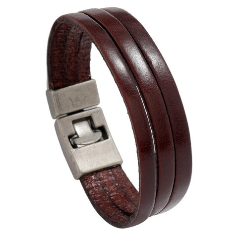 Men Double Layer Genuine Leather Bracelet Vintage Alloy Buckle Punk Harajuku Style Street Fashion Wristband