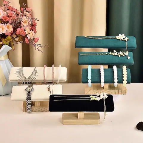 Solid Wood Jewelry Display Stand Velvet Pu Leather T-Bar Organizer For Watches Bracelets Necklaces Hair Jewelry Storage