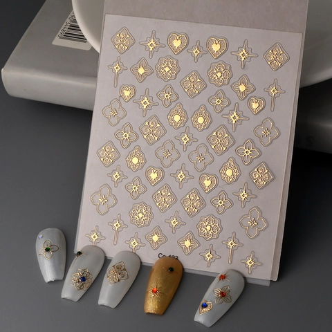 Autocollants De Nail Art En Relief 5D Feuille D Or Cœurs Géométriques Étoiles Fleurs Imperméable Autocollant Décor De Manucure