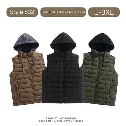 Mens Kapuzenweste Gesteppt Cord Ärmellose Jacke Warm Lässig Reißverschluss Gilet Kordelzug Taschen Mode Oberbekleidung