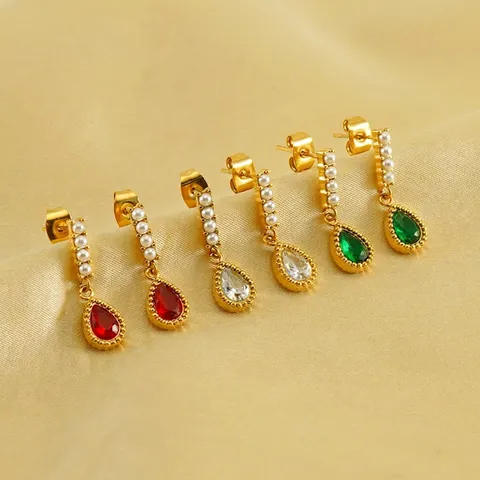 Water Drop Dangle Earrings Stainless Steel Gold Plated With Artificial Pearls And Zircon Niche Design Vintage Jewelry For Women