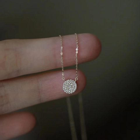 Collana con Pendente a Disco Rotondo in Argento Sterling 925 Pave di Strass Romantica Francese Placcata in Oro 14k Catena Delicata Gioielli Donna Regalo