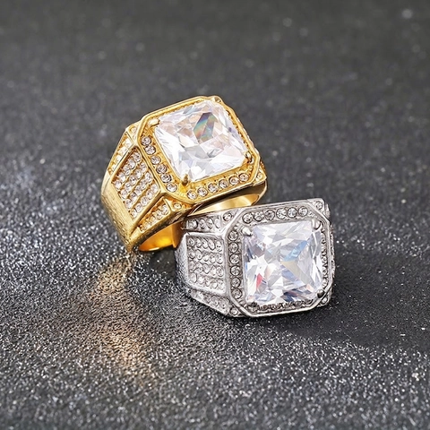 Hip Hop Men Ring Stainless Steel Large Square Zircon Iced Out Punk Style Bold Statement Jewelry