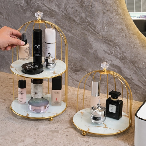 Golden Birdcage Cosmetic Storage Rack Iron Marble Texture Tray Luxury Desktop Makeup Organizer For Bathroom Bedroom Vanity