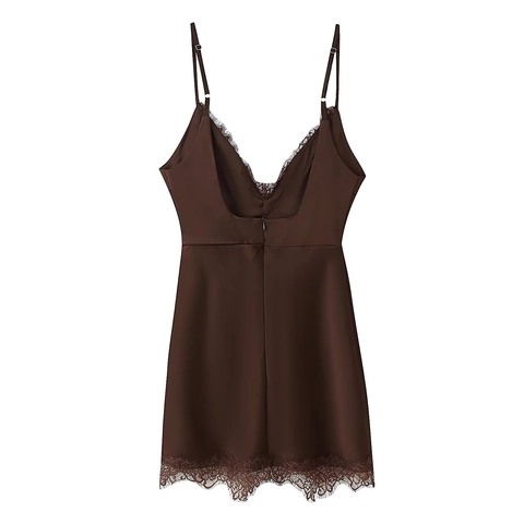 Sexy Satin Slip Dress V Neck Lace Trim Adjustable Spaghetti Straps Slim Fit Mini Sleeveless Nightgown For Women