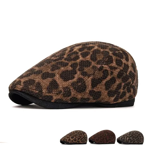 Leopard Print Flat Cap Retro Cotton Polyester Blend Warm Vintage Ivy Hat For Men Women Autumn Winter British Style