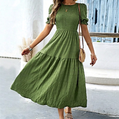 Vestito Maxi Donna Manica A Sbuffo Corpetto Arricciato Linea A Balze Strutturato Estate Casual Vacanza Boho Girocollo Elegante