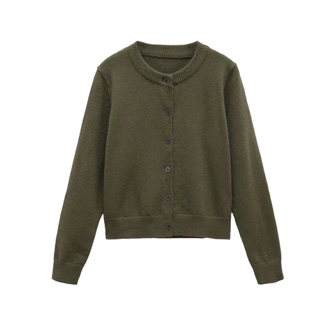 Cárdigan de Punto Casual para Mujer Cuello Redondo Manga Larga Suéter de Color Sólido de una Sola Fila Ropa de Otoño