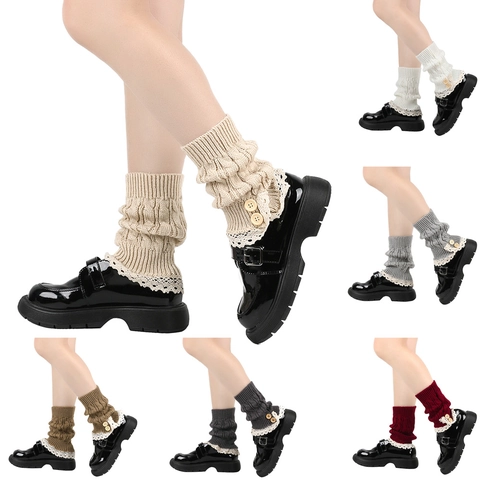 Women Knit Leg Warmers Boot Cuffs With Lace Trim And Wooden Buttons Japanese Style Solid Color Crochet Winter Socks