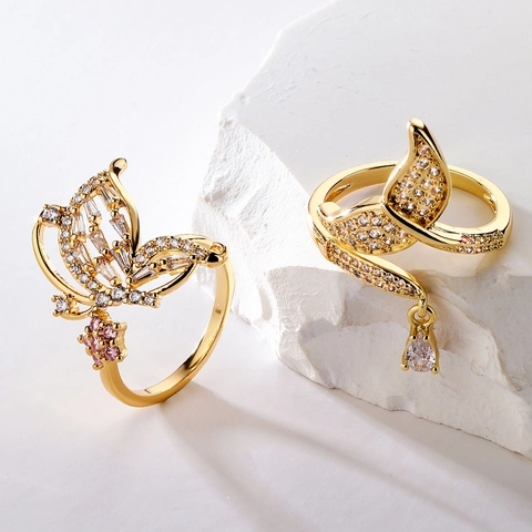 18K Gold Plated Copper Butterfly Flower Fish Tail Open Ring With Zirconia Elegant Fashion Jewelry For Women