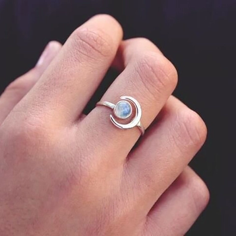 Antique Silver Moon Ring Faux Moonstone Copper Adjustable Band Vintage Celestial Jewelry For Women